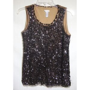 CHICO'S Sequin Animal Print Tank Top SZ S Brown Sleeveless Stretchy Pullover